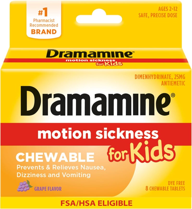 Dramamine Motion Sickness Relief for Kids - Chewable Grape Flavor, 8 Count - Image 1